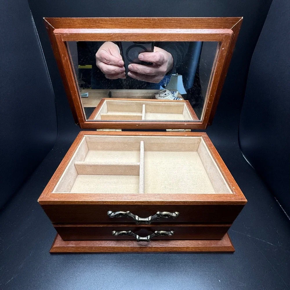 Vintage Wooden Jewelry Box Holly Hobbie Style Tile Inlay Mirror Drawer Organizer